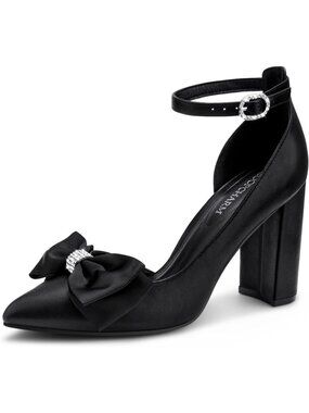 Women's Black Pu Pointed Toe Pumps Bow on Toe Ankle Strap Chunky Block Heel